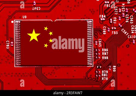 Chinese National Flag overlaid on PC micro chip on integrated circuit Stock Photo