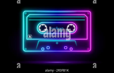 Glow neon retro musiccasette with colors eighties style, cassette tape, vector art image illustration, mix tape retro cassette design, Music vintage Stock Vector