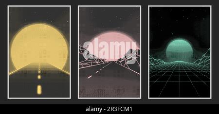 Set of Half tone Retro background futuristic landscapes 1980s style. Digital retro landscape cyber surface. 80s party background. Retro 80s fashion Stock Vector