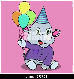 Character Rhinoceros With Four Balloon, Pink Colors Background, Mascot, Icon, Character or Logo, Vector and Illustration Stock Vector