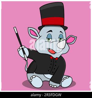 Character Rhinoceros With Magician Custom and Relax, Pink Colors Background, Mascot, Icon, Character or Logo, Vector and Illustration. Stock Vector