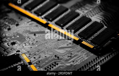 Macro Close up of computer RAM chip and motherboard Stock Photo