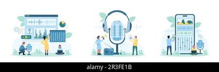 Sound editing set vector illustration. Cartoon tiny people edit digital sound with editor app on mobile phone screen, software of computer or laptop to control and mix audio waves of music or voice Stock Vector