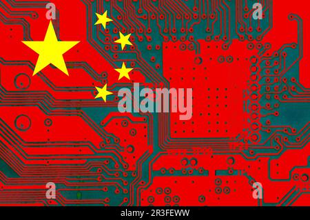 Chinese National Flag with a grunge  effect on PC circuit board Stock Photo