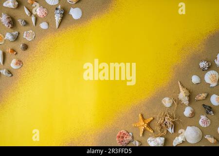 Composition frame for copy space, seashells, pebbles, mockup on yellow sand background. Blank, top view, still life, flat lay. s Stock Photo