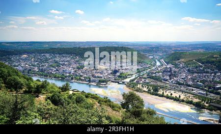 Elevated landscape view looking down on the Rhine River near the popular town of Bingen, Germany. Stock Photo
