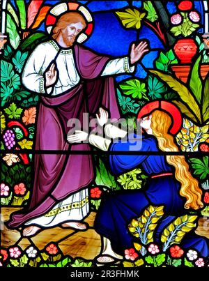 Jesus appears to Mary Magdalene, in the garden outside the tomb, Old Hunstanton, detail of stained glass window, by Frederick Preedy, 1867, Norfolk Stock Photo