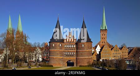 Church of St. Marien, Holsten Gate, salt storage and Church of St. Petri, Luebeck, Germany, Europe Stock Photo