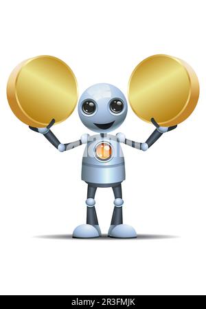 3D illustration of a  little robot hold two coins on isolated white background Stock Photo