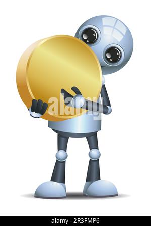 3D illustration of a  little robot hold  one coin on isolated white background Stock Photo