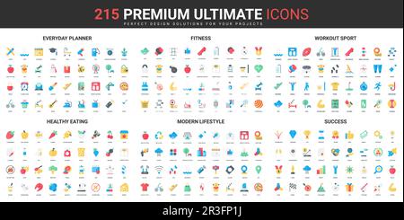 Modern lifestyle and sport workout color flat icons set vector illustration. Abstract symbols of daily healthy food and fitness planner application, success diet simple design for mobile and web apps Stock Vector