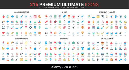 Modern city and lifestyle color flat icons set vector illustration. Abstract symbols of sport workout planner, urban elements and entertainment, shopping simple design for mobile and web apps Stock Vector