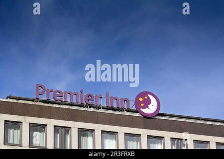 Picture of a sign with the logo of Premier Inn Hotel on their main hotel for Essen, Germany. Premier Inn is a British limited service hotel chain and Stock Photo