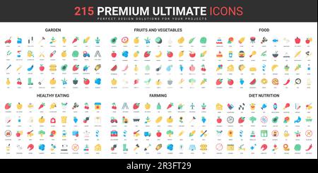 Healthy food product, farming and diet color flat icons set vector illustration. Abstract symbols of garden fruits and vegetables, nutrition for weight loss simple design for mobile and web apps Stock Vector