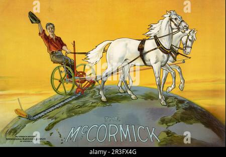 Vintage advertisement of a farmer operating agricultural machinery for the McCormick division of the International Harvester Company. Stock Photo