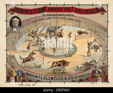Vintage advertisement for Glidden Steel Barb Wire showing circus animals jumping over fences but baking at a barbed wire fence. Stock Photo