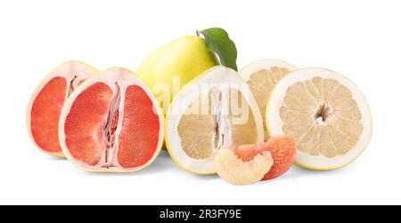 Cut and whole fresh pomelo fruits on white background Stock Photo
