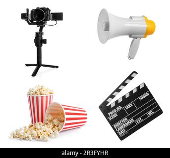 Set with different cinema equipment and popcorn on white background Stock Photo