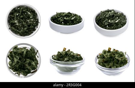 Set with tasty chopped crispy nori sheets on white background Stock Photo