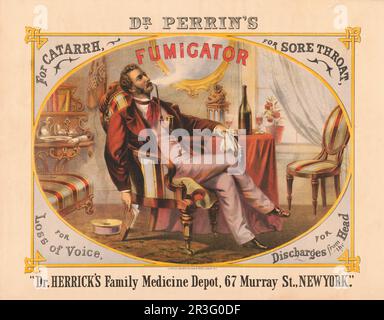 Vintage advertisement for Dr. Perrin's fumigator, featuring a man sitting in a parlor smoking a long pipe. Stock Photo