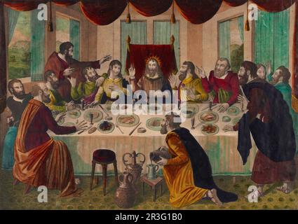 Jesus Christ presiding over the Last Supper at a long table with his apostles. Stock Photo