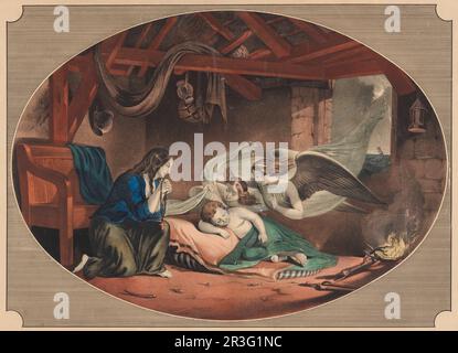 A pair of angels fly through a window to comfort a sleeping baby while the mother prays with a rosary. Stock Photo