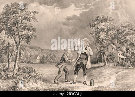 Franklin's experiment, June 1752, demonstrating the identity of lightning and electricty. Stock Photo