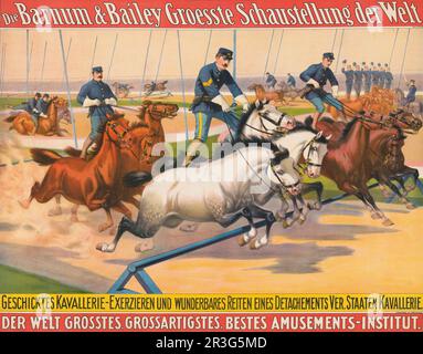 Vintage German Barnum & Bailey circus poster of men in military uniforms racing horses around a track, circa 1900. Stock Photo