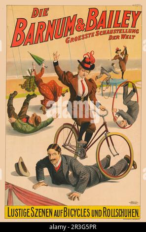 Vintage Barnam & Bailey German circus poster of performers with bicycles and rollerskates, circa 1900. Stock Photo