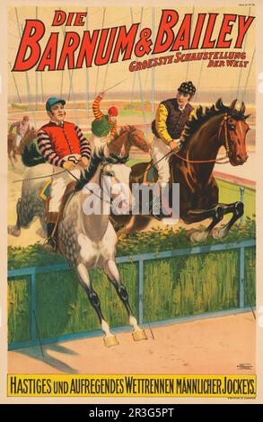 Vintage German Barnum & Bailey circus poster showing jockeys on horses jumping a hedge, circa 1900. Stock Photo