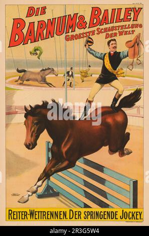 Vintage Barnum & Bailey German circus poster showing a man standing on horse bareback, circa 1900. Stock Photo