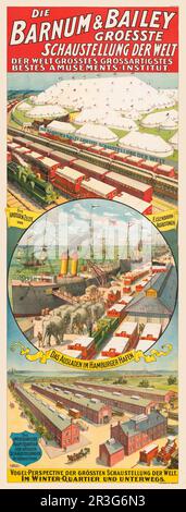 Vintage Barnum & Bailey circus poster showing circus at railroad yard, at harbor, and in winter quarters, circa 1900. Stock Photo