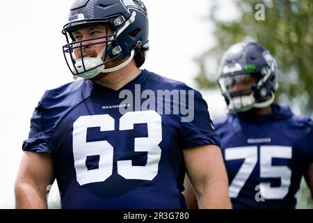 Seattle Seahawks center Evan Brown looks on during the NFL football team's  training camp, Wednesday, Aug. 9, 2023, in Renton, Wash. (AP Photo/Lindsey  Wasson Stock Photo - Alamy