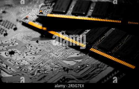 Macro Close up of computer RAM chip and motherboard Stock Photo