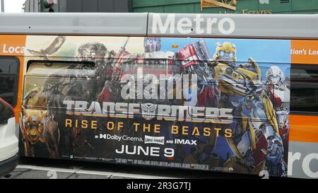 Los Angeles, California, USA 23rd May 2023 Transformers Rise of the Beasts Bus on May 23, 2023 in Los Angeles, California, USA. Photo by Barry King/Alamy Stock Photo Stock Photo