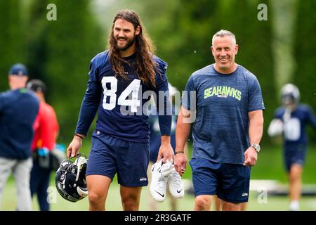 Seattle Seahawks tight end Colby Parkinson (84) walks off the field during  an NFL football game against the Las Vegas Raiders, Sunday, Nov. 27, 2022,  in Seattle, WA. The Raiders defeated the