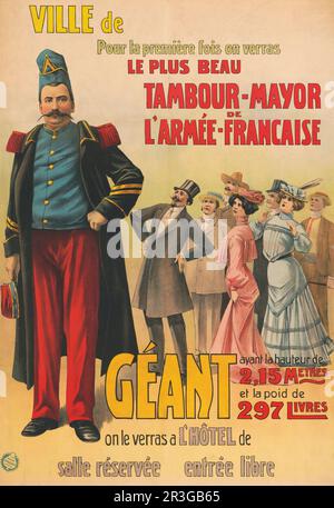 Vintage French circus poster showing crowd admiring a large French soldier, circa 1889. Stock Photo