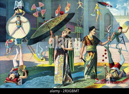 Vintage graphic print of twelve Asian acrobats performing, circa 1891. Stock Photo