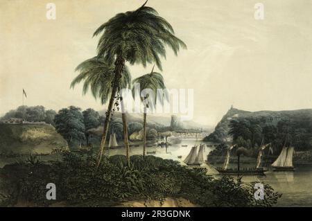 The U.S. naval expedition ascending the Tuspan River during the Mexican American War. Stock Photo