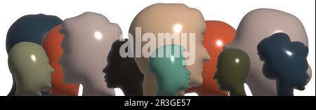 Volumetric faces multicolored silhouettes of men and women - 3d illustration Stock Photo