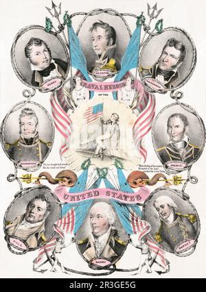 Portraits of American naval heroes in oval, among nautical motifs. Stock Photo