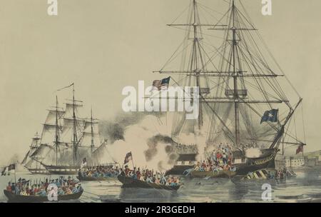October 26, 1814 - The American privateer General Armstrong firing on British boats. Stock Photo