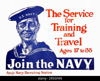 Vintage U.S. Navy recruiting poster showing a smiling sailor. Stock Photo