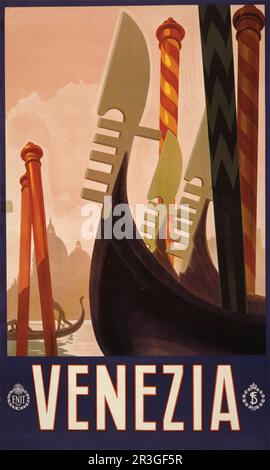 Vintage travel poster showing the decorative prows of gondolas on a canal in Venice, circa 1920. Stock Photo