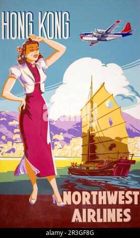 Vintage Northwest Airlines advertising poster for flights to Hong Kong, circa 1950. Stock Photo