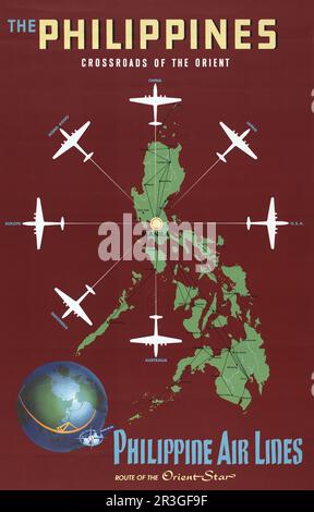 Vintage travel poster for Philippine Air Lines, showing airplanes departing from Manila, circa 1930. Stock Photo
