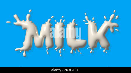 Text written with milk, splashes and drops. Stylish design for a brand, label or advertisement Stock Photo