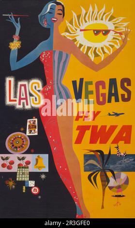 Vintage travel poster for flying TWA to Las Vegas, showing graphics of gambling, circa 1960. Stock Photo