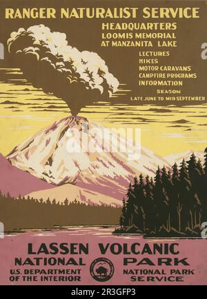 Vintage travel poster for Lassen Volcanic National Park, Ranger Naturalist Service, circa 1938. Stock Photo