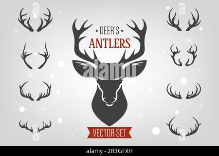 Vector Christmas Reindeer Horns, Antlers, Head. Deer Horn Silhouettes. Hand Drawn Deer Antler Set, Collection. Design Templates for Wildlife, Hunters Stock Vector